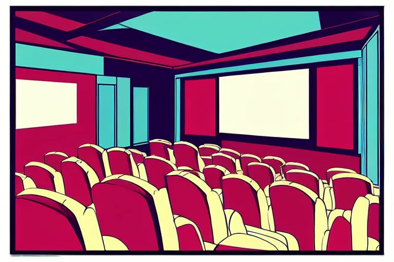 Image similar to wide view, a modern home movie theater, comfortable, stylish decor, popcorn machine!, movie posters!, very happy, interior designed by kelly wearstler, rough color pencil illustration by conrad roset
