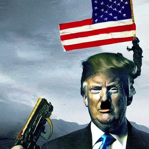 Image similar to Donald Trump as Rambo, holding the head of Biden in left hand and the American flag in right hand, post apocalyptic, wartorn, matte painting, masterpiece