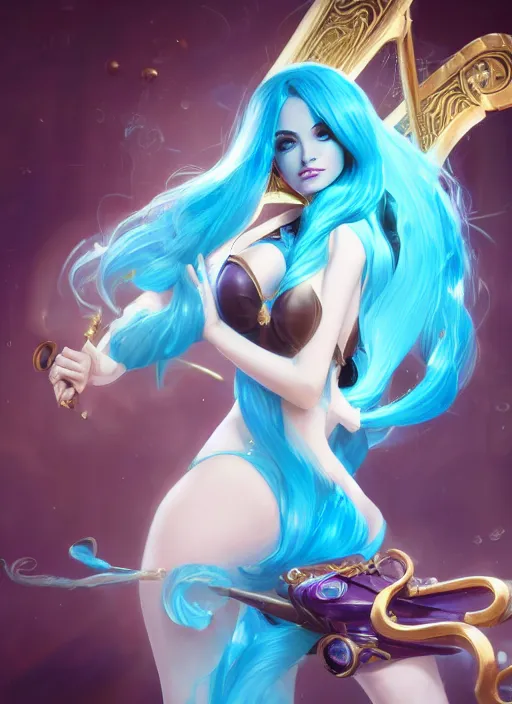 Prompt: sophisticated sona, from league of legends, with an harp, light blue hair, hyper detailed, digital art, trending in artstation, cinematic lighting, pawg, studio quality, smooth render, unreal engine 5 rendered, octane rendered, art style by klimt and nixeu and ian sprigger and wlop and krenz cushart