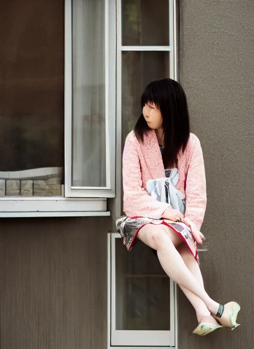 Prompt: photography girl looking sitting next to window by maasa takahashi