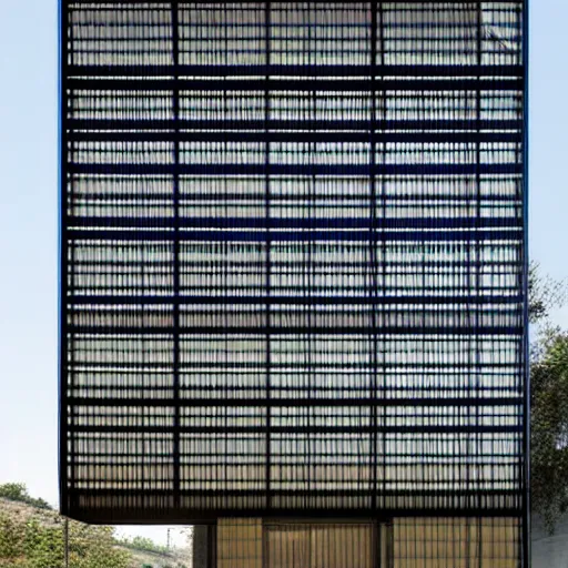 Prompt: fuild architecture, metal facade with horizontal pattern, design by mad architect