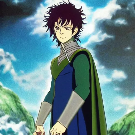 Image similar to pippin from the anime lord of the rings (1986), dark hair, green cape, studio ghibli, very detailed, realistic