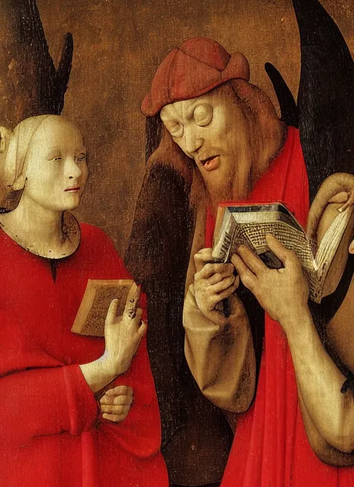 Image similar to fallen angels dressed in red reading the bible and arguing in Tuscany by Jan van Eyck, Hieronymus Bosch, 4k post-processing, highly detailed medieval painting