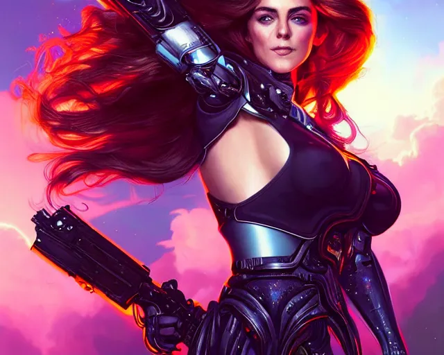 Image similar to young elizabeth hurley as a gorgeous but deadly cyborg terminator, photography of kurzgesagt, deep focus, d & d, fantasy, intricate, elegant, highly detailed, digital painting, artstation, concept art, matte, sharp focus, illustration, hearthstone, art by artgerm and greg rutkowski and alphonse mucha