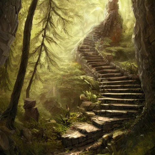 Image similar to a man, walking up a steep and winding staircase. in woods. intricate, elegant, highly detailed, digital painting, artstation, concept art, sharp focus, illustration, by justin gerard and artgerm, 8 k