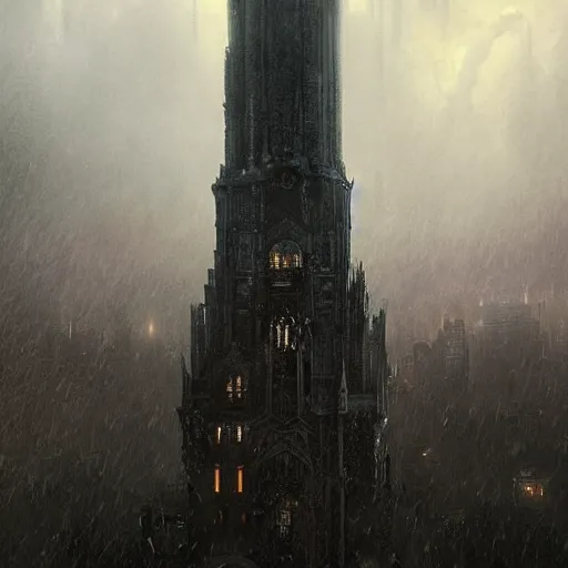 Image similar to an ultra detailed tarot card of a lonely and impossibly tall ominous gothic dark tower elevated high above the city, in a river elevated high above the city, fantasy capital city, ultrawide lense, aerial photography, scary thunderstorm, light fog, volumetric lighting, exquisite detail, 8 k, art by greg rutkowski and alphonse mucha