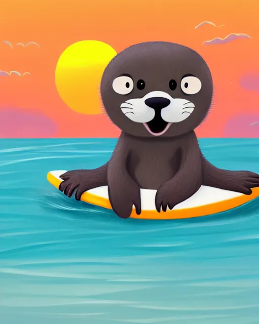 Image similar to a cute anthropomorphic grey otter fursona furry on the beach wearing a wetsuit holding a surfboard, turquoise hair orange nose, smiling, sunset, volumetric light, detailed, photorealistic, 4 k, hdr, artstation, deviantart, digital illustriation