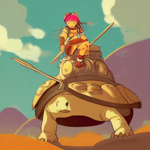 Prompt: portrait of a little warrior girl character riding on top of a giant armored turtle in the desert, studio ghibli epic character, bright colors, diffuse light, dramatic landscape, fantasy illustration