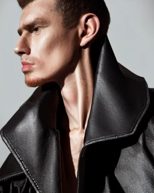 Prompt: a close up award - winning photo of an ancient male model wearing a thick plain cropped extremely baggy pirate designer menswear leather jacket withan oversized collar designed by alexander mcqueen, 4 k, studio lighting, wide angle lens