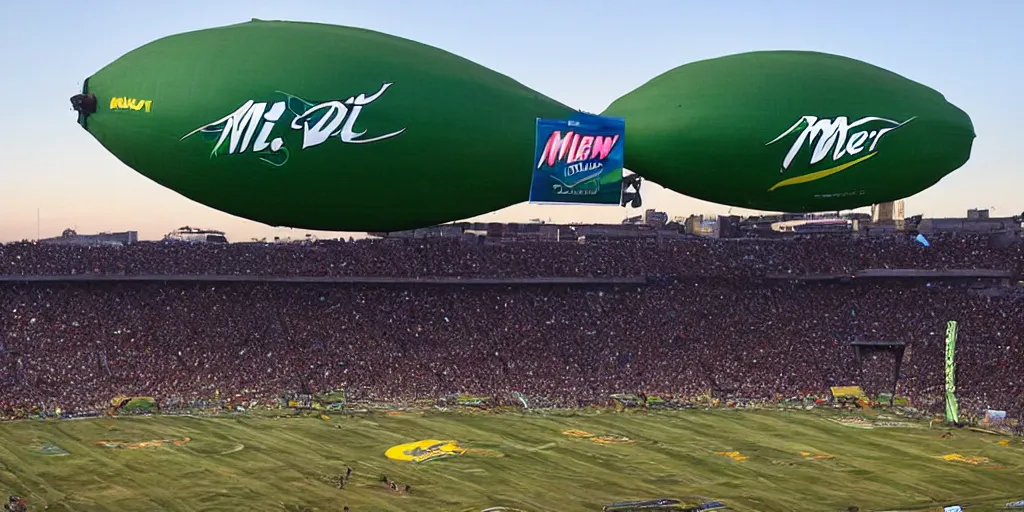 Prompt: mtn dew sponsors the game day blimp