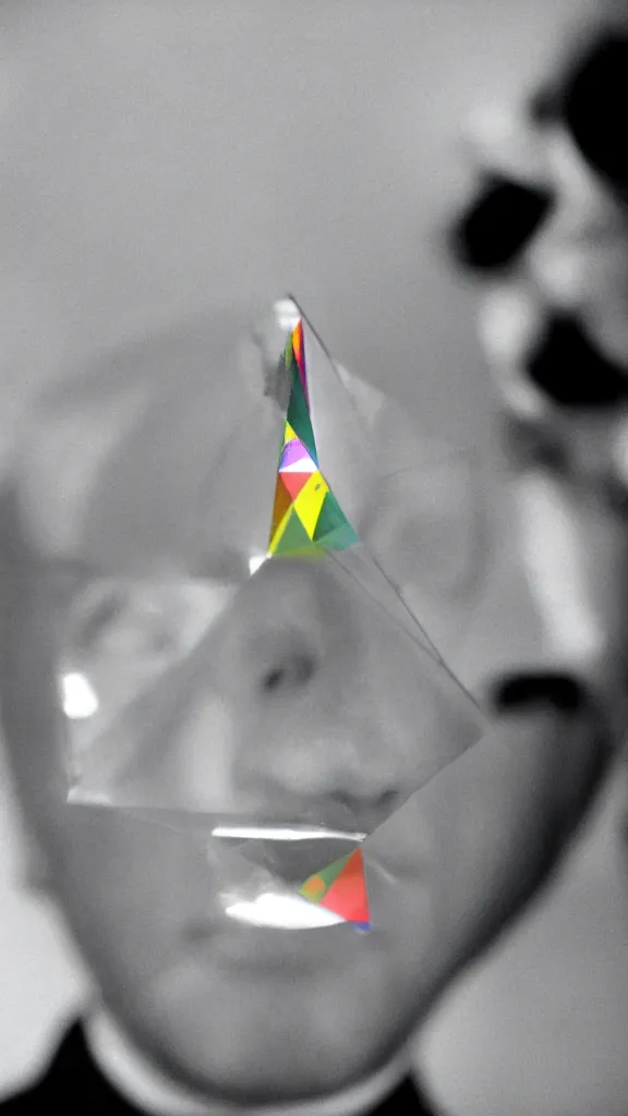 Image similar to a martin parr photo of a prism in front of man's face