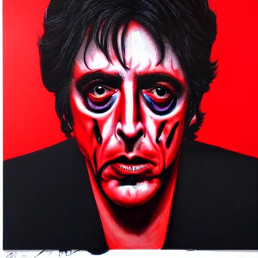 Image similar to al pacino's devilish version, red skin. black eyes. grunge, horror, dmt, dark and muted colors, detailed airbrush art, by yves klein