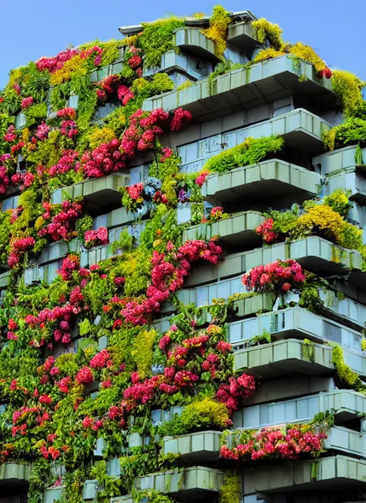 Image similar to brutalist buildings covered in colorful vines and flowers by Denys Lasdun