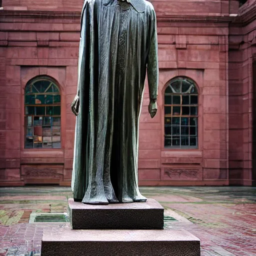 Prompt: A monumental, 10 feet tall bronze sculpture of Joe Biden in a toga, in the middle of a rainy courtyard, contrapposto, natural overcast lighting, museum catalog photography, F 2.8, 85mm Velvia 100, high DOF