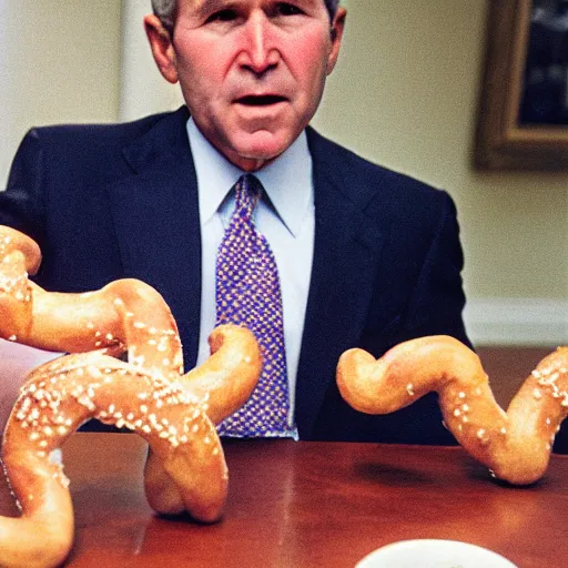 Image similar to George W. Bush closely examining a pretzel. Nefarious, uneasy, worried, concerned. CineStill.