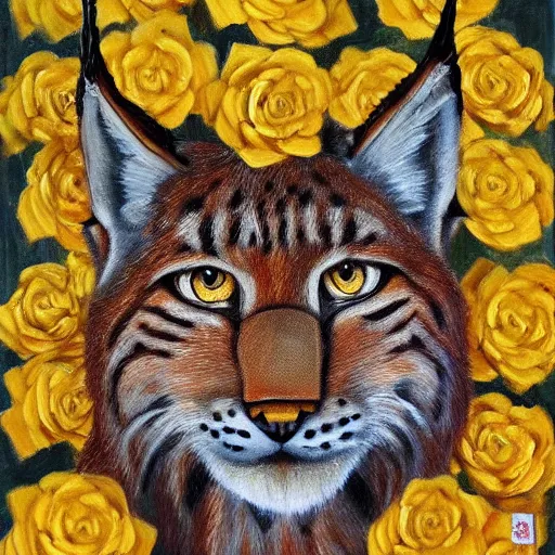 Image similar to lynx wearing a crown!! made out of golden roses, crown!!! crown, an expressive oil painting, high quality art,