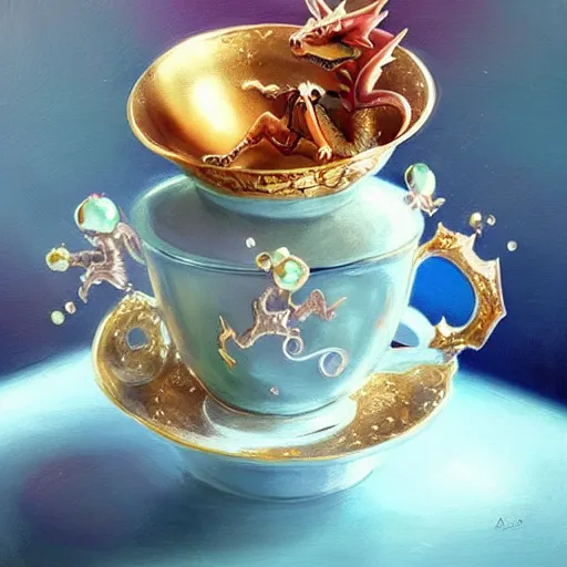 Image similar to tiny jeweled dragon sitting in a teacup, painting by artgerm