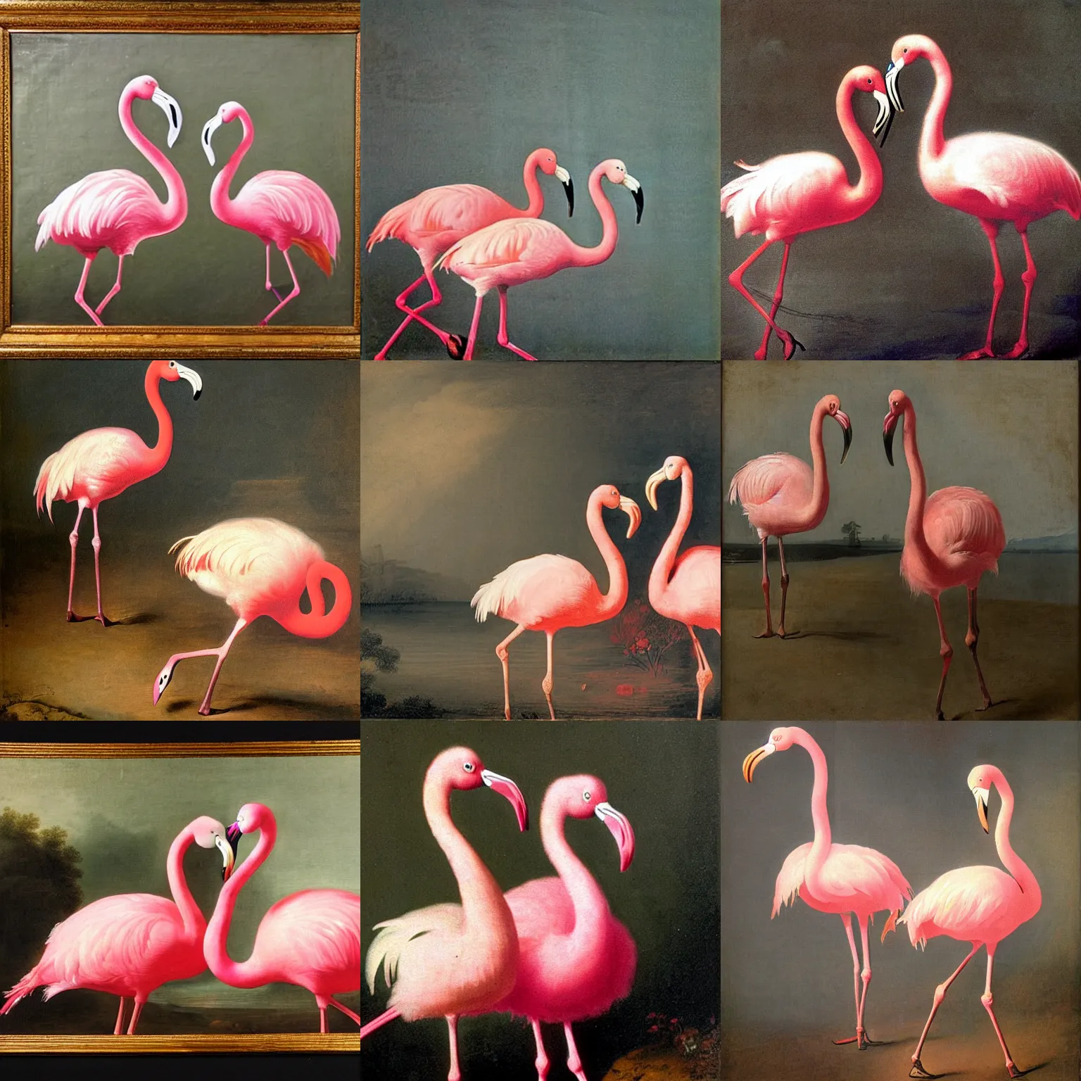 Prompt: a 1 7 0 0 s painting of two pink flamingos by rembrandt