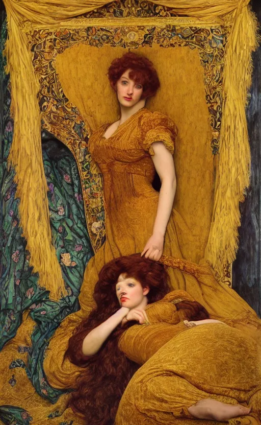 Prompt: preraphaelite full body portrait photography masterpiece hybrid of judy garland and florence welch, reclining, brown hair fringe, yellow ochre ornate medieval dress, kilian eng and william holman hunt, frederic leighton, ford madox brown, william morris, framed, 4 k