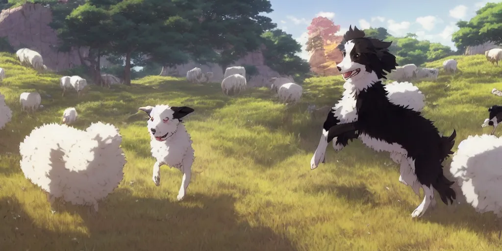 Image similar to border collie chasing sheep on feld nime key visual of luffy studio lit directed gaze, trending on pixiv fanbox, painted by greg rutkowski makoto shinkai takashi takeuchi studio ghibli