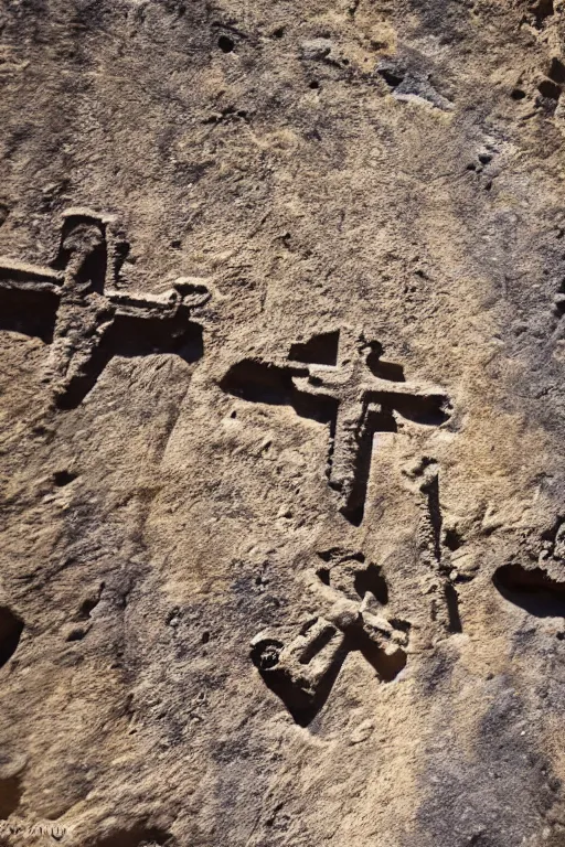 Image similar to 4 k photography of petroglyphs representing crosses, ufo, wifi symbol on a cave