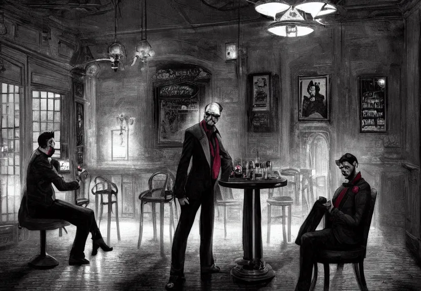 Prompt: the devil demon and a handsome Frenchman sitting in a Irish pub, film noir style, black and white and red colors, establishing shot, highly detailed, digital painting, artstation, concept art, smooth, sharp focus, illustration, Unreal Engine 5, 8K, art by artgerm and greg rutkowski and alphonse mucha