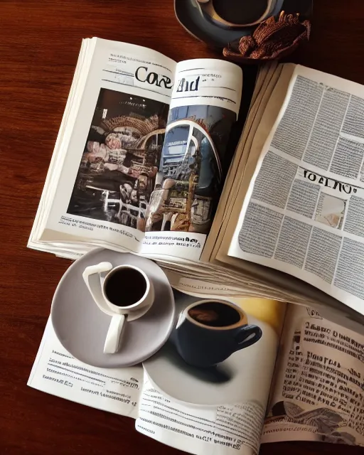 Prompt: a full view of table and magazine with picture of clay sculpture coffee cup, magazine, zoomed out, zoomed out, zoomed out