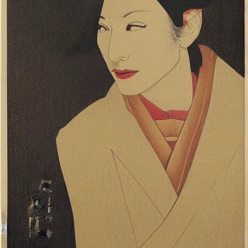 Image similar to portrait of cate blanchett ,japanese wood print