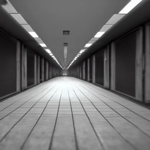 Image similar to holding cells in underground lab, sterile, clean, cinematic, liminal space, unreal engine, in-game screenshot, cctv footage, black and white, blurry