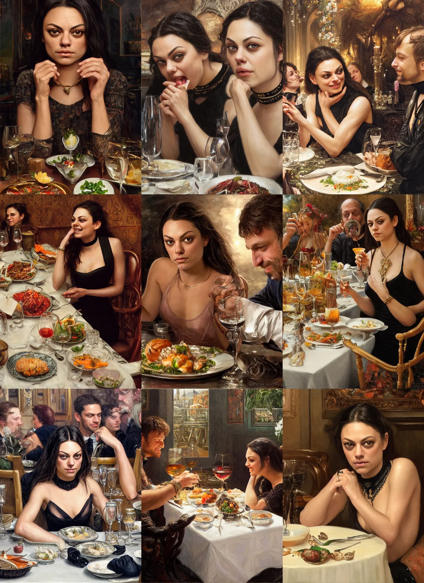 Prompt: dinner with mila kunis laughing sitting across the camera wearing a black choker staring into the camera in an expensive restaurant, point of view, intricate, elegant, tasteful, highly detailed, shallow depth of field, artgerm, donato giancola, joseph christian leyendecker