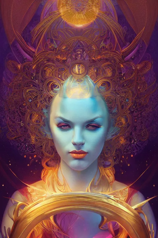 Image similar to portrait of a beautiful sorceress by artgerm, symmetrical, vivid color, complementary color, golden ratio, detailed, sharp lines, sharp focus, intricate, rainbowshift, by maxfield parrish, by peter mohrbacher, by gustave dore, by alphonse mucha, deviantart, octane render