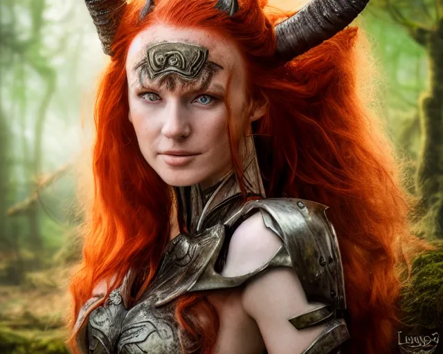 Prompt: 5 5 mm portrait photo of an armored redhead woman warrior, and horns growing from her head, in a magical forest. by luis royo. highly detailed 8 k. intricate. lifelike. soft light. nikon d 8 5 0. cinematic post - processing