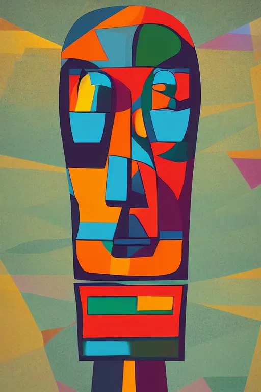 Image similar to cubist moai statue cutout digital illustration cartoon colorful beeple