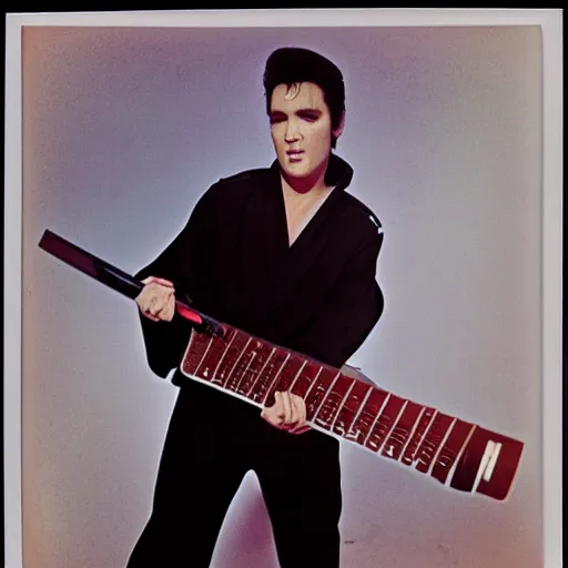 Image similar to elvis presley holding a katana, color Polaroid,