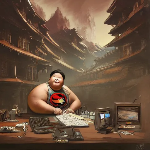 Image similar to a insanely detailed painting of a slightly overweight asian man wearing a homemade superhero costumed, sitting at a computer desk nervously typing on the keyboard, in the style of peter mohrbacher, dramatic lighting and composition, trending on artstation, concept art, comic book, graphic novel