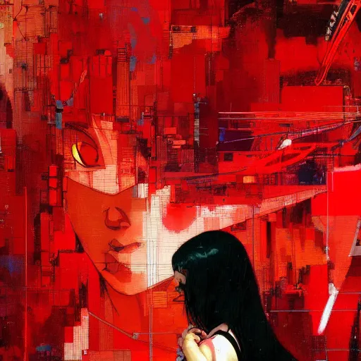 Prompt: portrait of a daydreaming melancholic latin woman in red habit being progressively rasterized into pixels from another world, she is surrounded by digital birds and a giant loving neon mecha robot is besides her, oil on canvas game poster by yoji shinkawa, esao andrews, dave mckean and stina persson