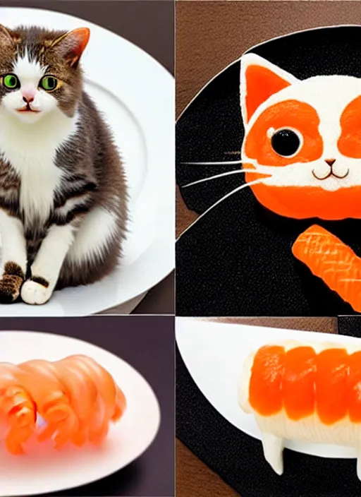 Image similar to clear photorealistic picture of adorable cats made out of sushi