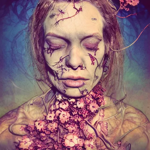 Image similar to a beautiful detailed front view portrait of a rotten woman corpse with fractal plants and fractal flowers growing around, volumetric light, beautiful lit, polaroid photography