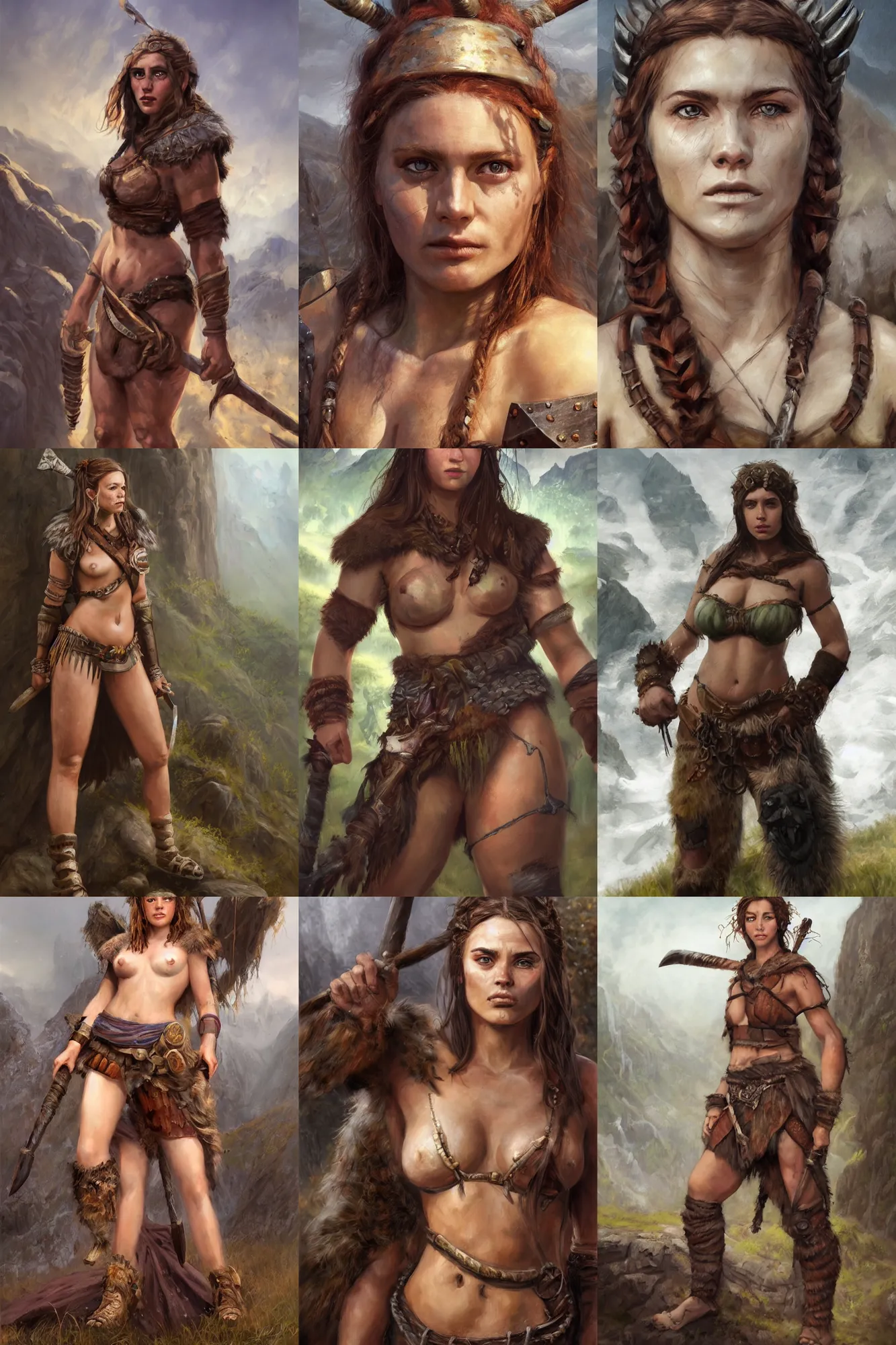 Prompt: a full body high detail fantasy portrait oil painting illustration of a beautiful cute young rugged stoic barbarian woman by justin sweet with face and body clearly visible, in a scenic background, pupils visible, realistic proportions, d & d, rpg, forgotten realms, artstation trending, high quality, sombre mood, artstation trending, muted colours, entire person visible!