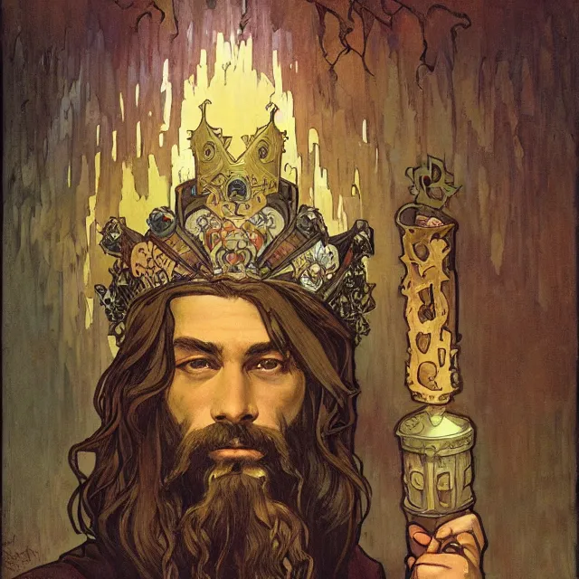 Image similar to an aesthetic! a detailed portrait of a man in a long beard, with a crown, holding a lantern by frank frazetta and alphonse mucha, oil on canvas, art nouveau dungeons and dragons fantasy art, hd, god rays, ray tracing, crisp contour lines, huhd