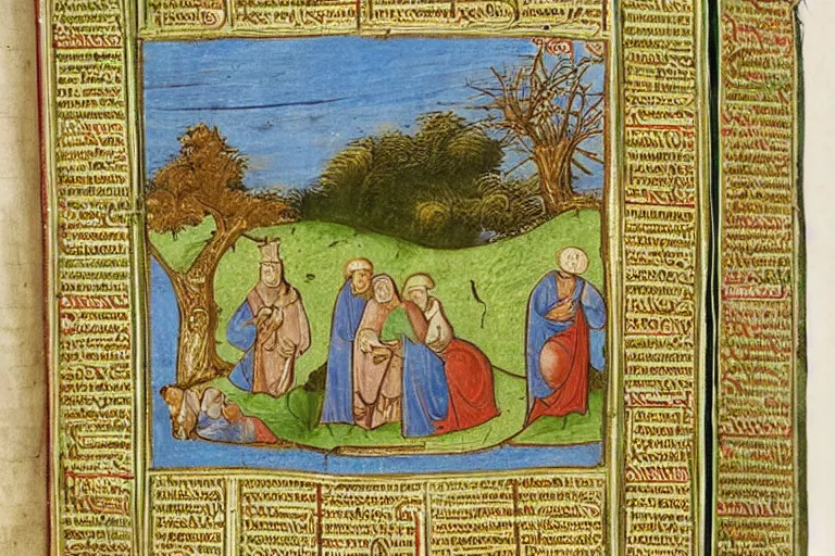 Prompt: medieval illuminated manuscript bible page depicting a tranquil pastoral landscape with sheep