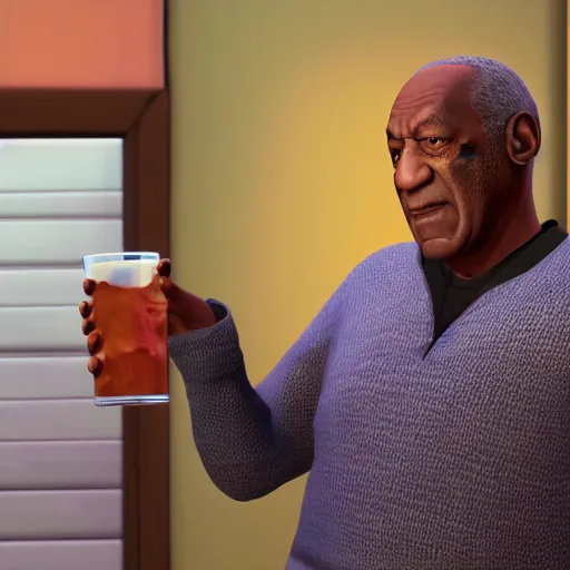 Image similar to bill cosby holding a drink in the sims 4, movie still, cinematic lighting, dramatic, octane render, long lens, shallow depth of field, bokeh, anamorphic lens flare, 8 k, hyper detailed, 3 5 mm film grain