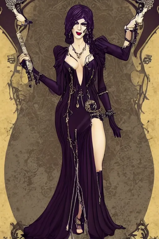 Image similar to pretty gothic sorceress wearing a tight dress with illustrious details, jewelry, ornated clothing, attractive, character concept