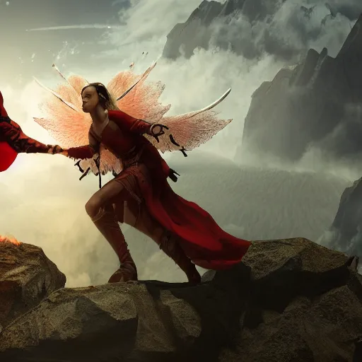 Prompt: epic battle between an angel woman warrior and a demon on top of a mountain, 8 k wallpaper, ultra realistic, digital art