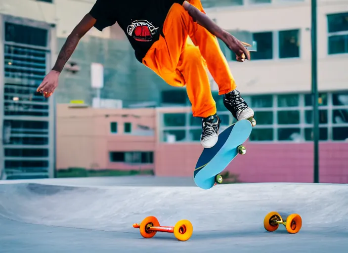 Image similar to photo still of a skateboarder performing a mute air grab, showing close up of brightly colored skate deck, 8 k, bright ambient lighting key light, 8 5 mm f 1. 8