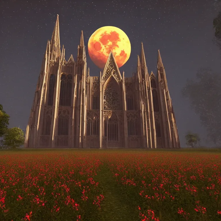 Image similar to A Gothic cathedral in a field of flowers, A huge red moon shines over the earth.highly realistic, hyper detailed,cinematic,4k,digital art,unreal engine 5,by gustav doré