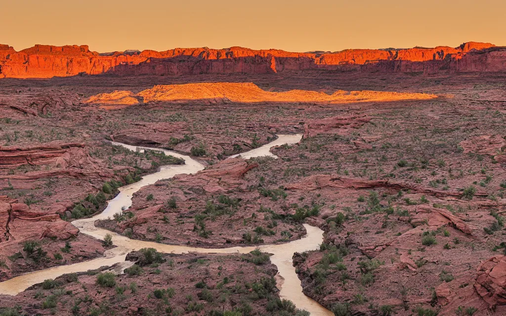 Image similar to “a dried up river bend running through a canyon surrounded by desert mountains at sunset, moab, utah, a tilt shift photo by Frederic Church, ansel adams, trending on unsplash, hudson river school, national geographic photo”