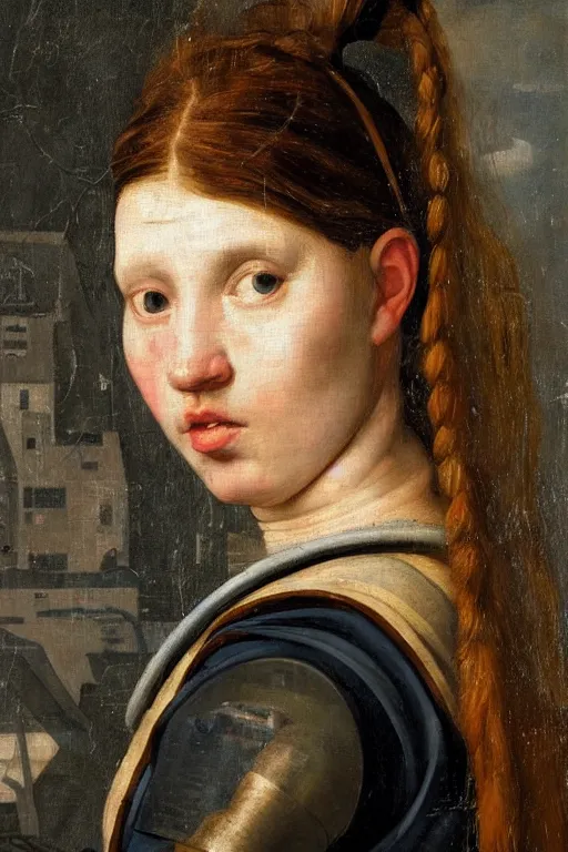 Image similar to a close - up portrait of a cyberpunk cyborg girl, by jan steen, rule of thirds