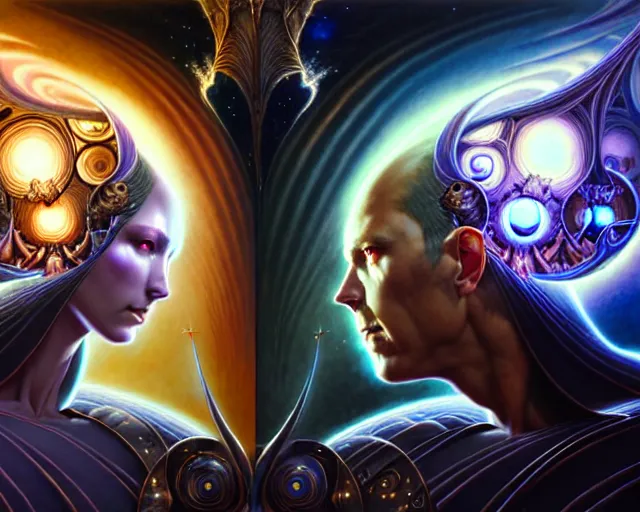 Prompt: the battle of light and dark, gemini, fantasy character portrait made of fractals, facing each other, ultra realistic, wide angle, intricate details, the fifth element artifacts, highly detailed by peter mohrbacher, hajime sorayama, wayne barlowe, boris vallejo, aaron horkey, gaston bussiere, craig mullins