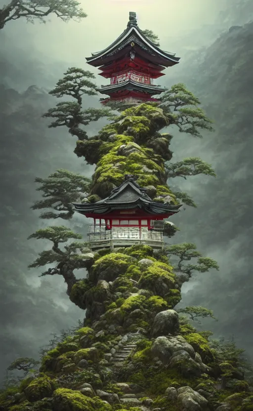 Image similar to japanese style shrine on top of a misty mountain overgrown, hyper realistic, lush gnarly plants, 8 k, denoised, by greg rutkowski, tom bagshaw, james gurney cinematic lighting